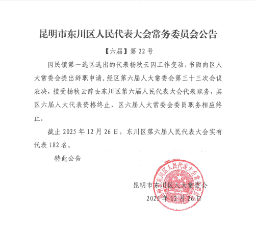 昆明市东川区人民代表大会常务委员会公告